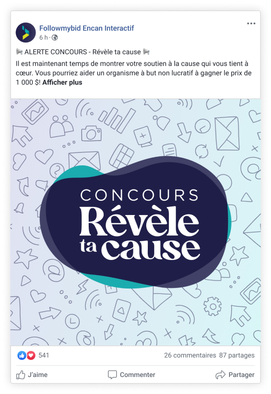 Capture d'écran d'une maquette d'une publication Facebook pour le concours Révèle ta cause 2023